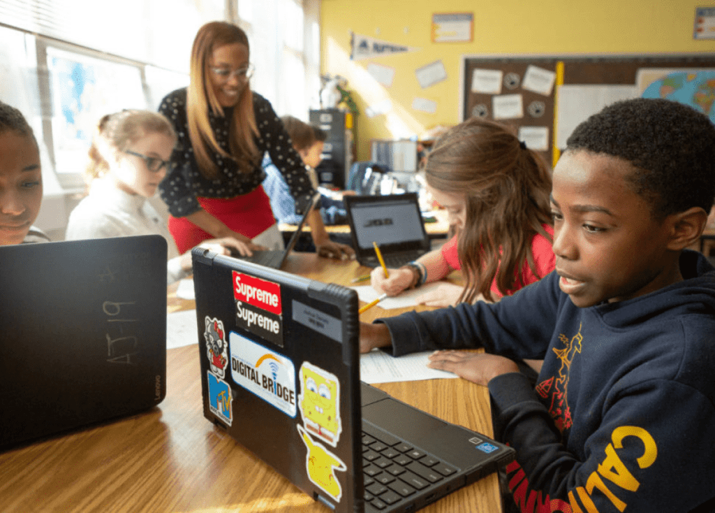 Students at Sutton Middle School use online research to answer questions during a lesson in history class.