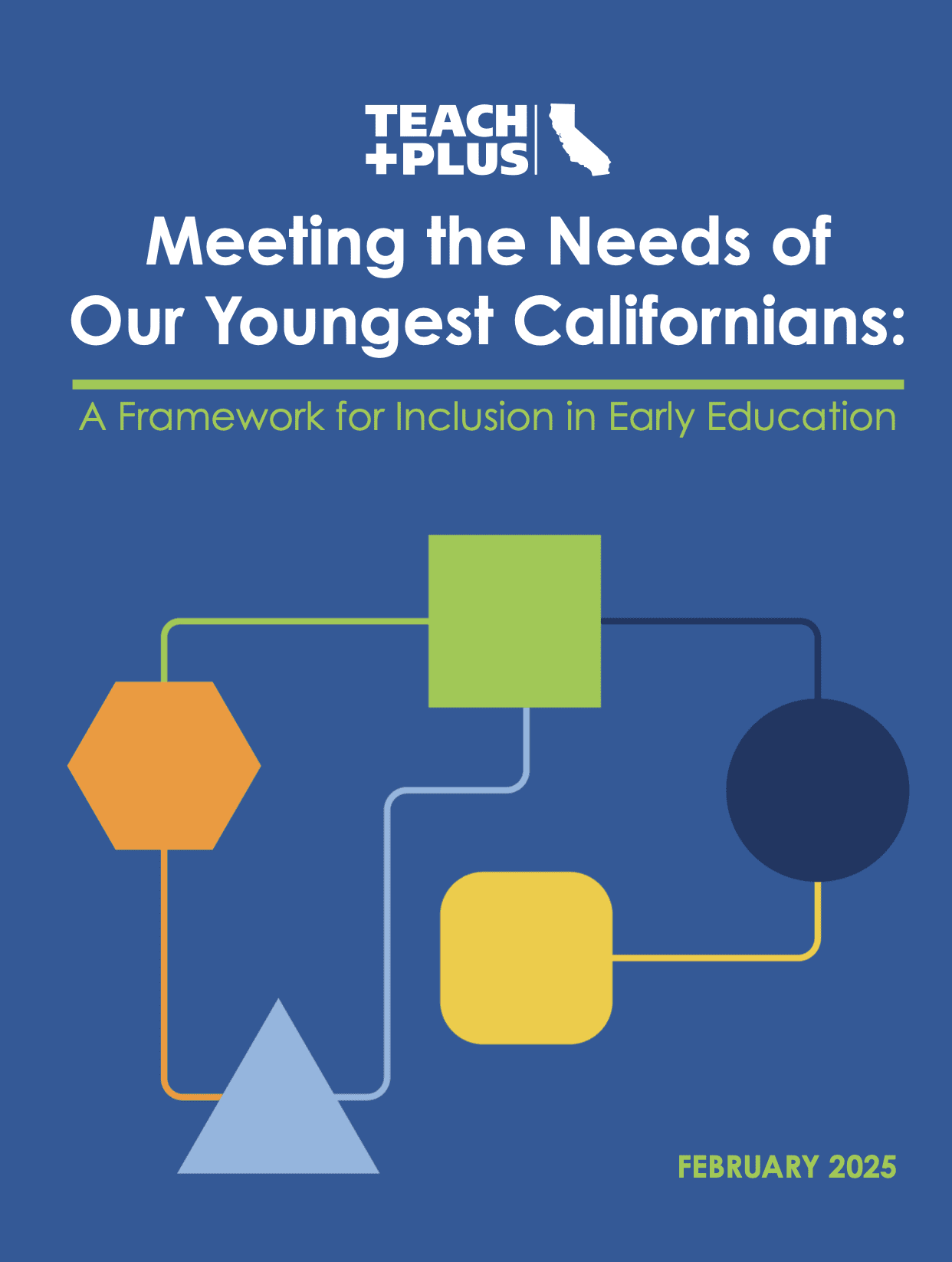 various colorful shapes on a blue background, the text "Meeting the Needs of Our Youngest Californians: A Framework for Inclusion in Early Education" at the top