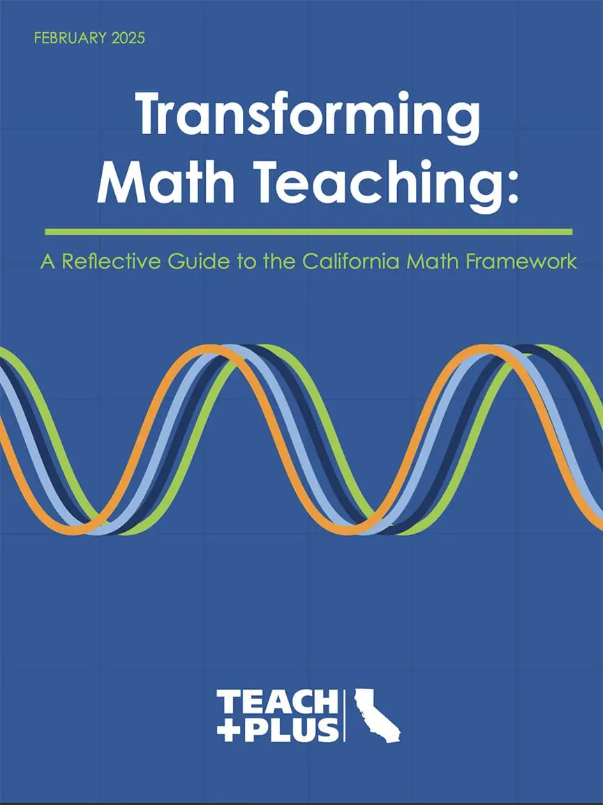 colorful sine waves on a blue background with the text "Transforming Math Teaching: A Reflective Guide to the California Math Framework" at the top